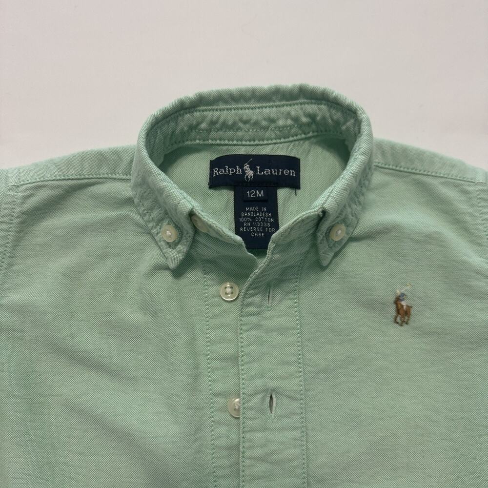 Ralph Lauren Vintage Boys Green Oxford Pony Logo Button Down Romper, Green ,12M